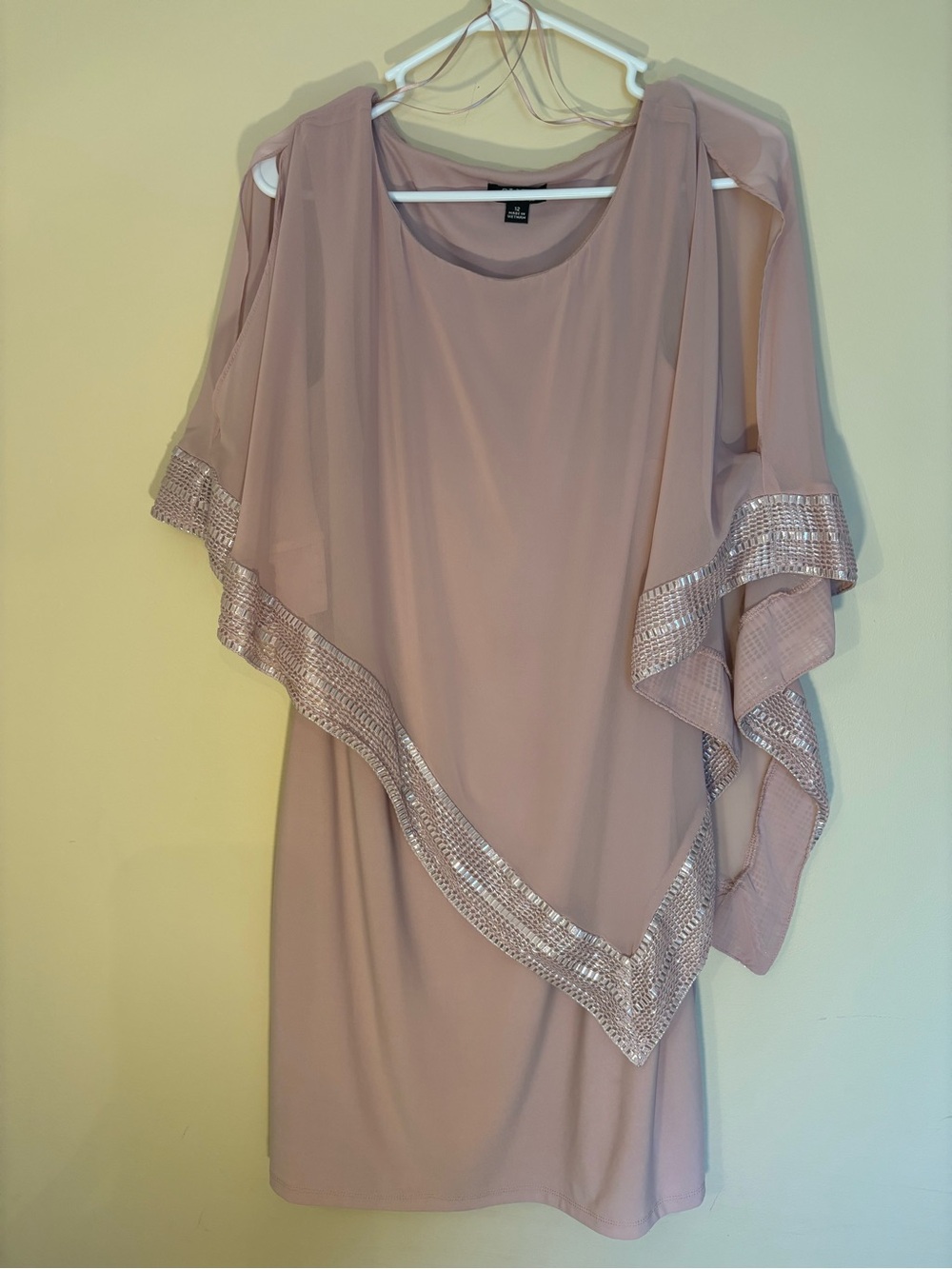 SLNY Mauve Pink Chiffon Overlay Midi Dress with Beaded Trim